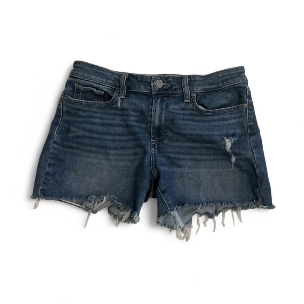 PAIGE‎ Parker Short Womens 27 Dark Wash Blue Excellent Distressed Raw Hem Denim